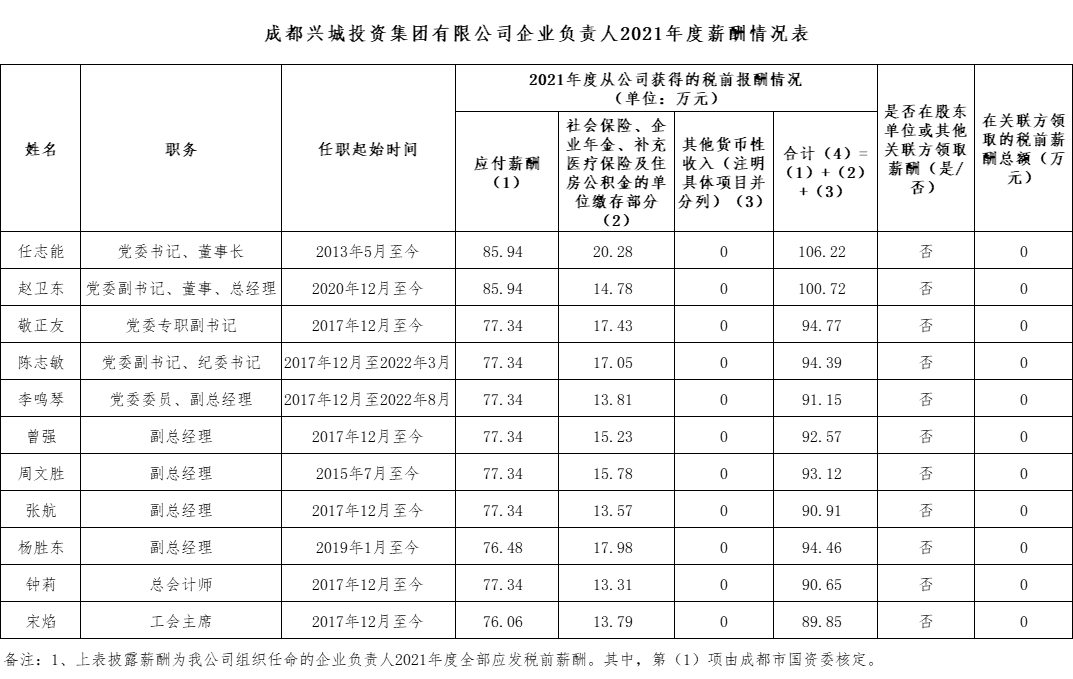 九游（体育门户）官方网站企业负责人2021年度薪酬情况表